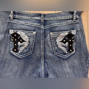 Y2K Embellished Embroidered Rhinstone Pocket Blue Denim Women's Jeans SZ 9/10